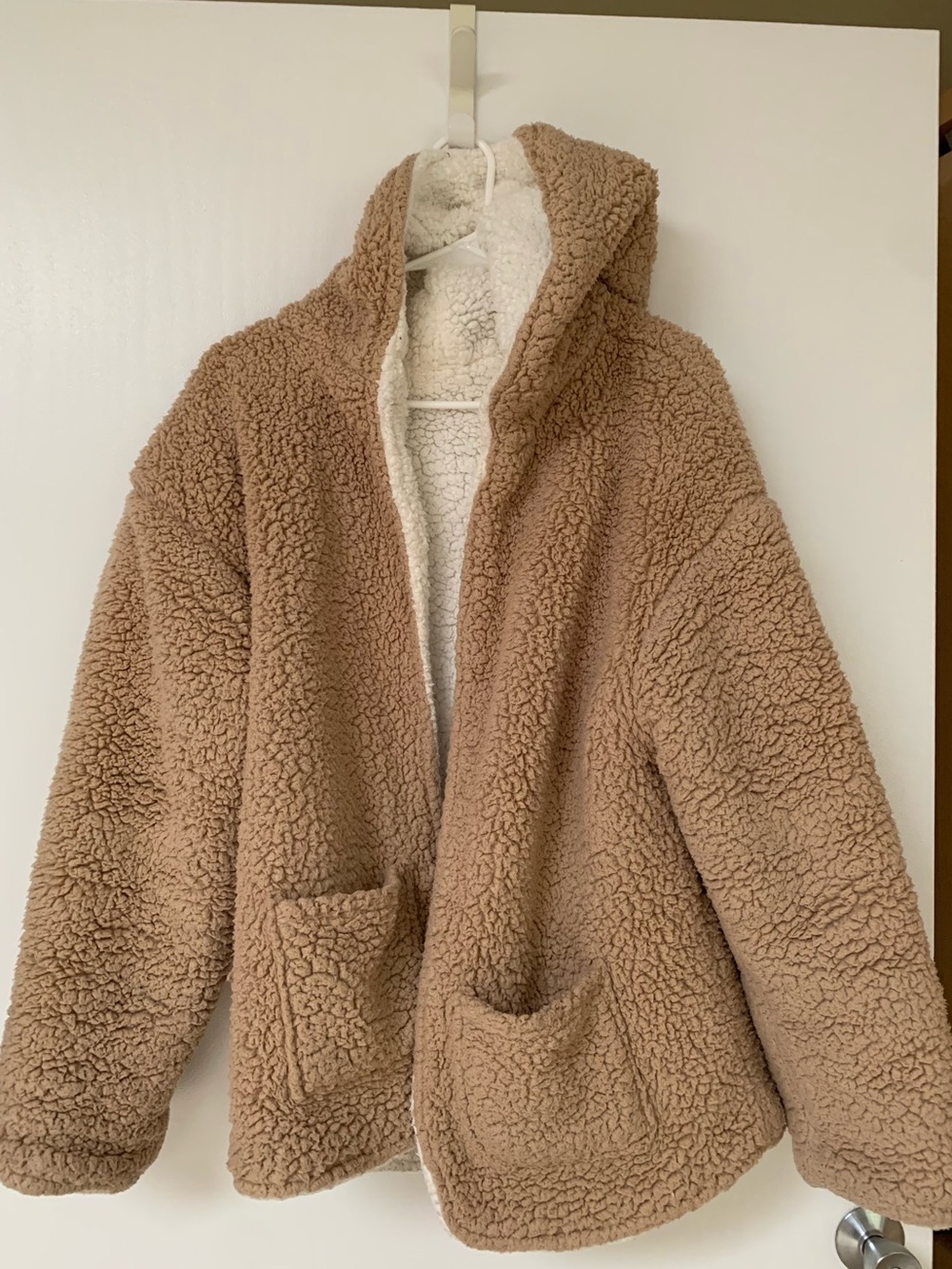 Love Tree Hooded Sherpa Jacket in Camel with Ivory Lining